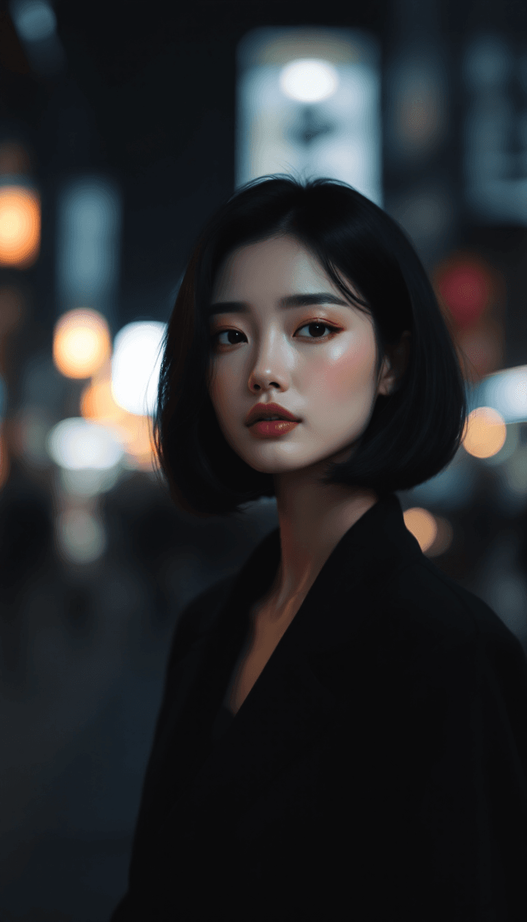 AI generated: /imagine prompt: An elegant East Asian woman with porcelain skin, almond-shaped dark eyes, and silky...