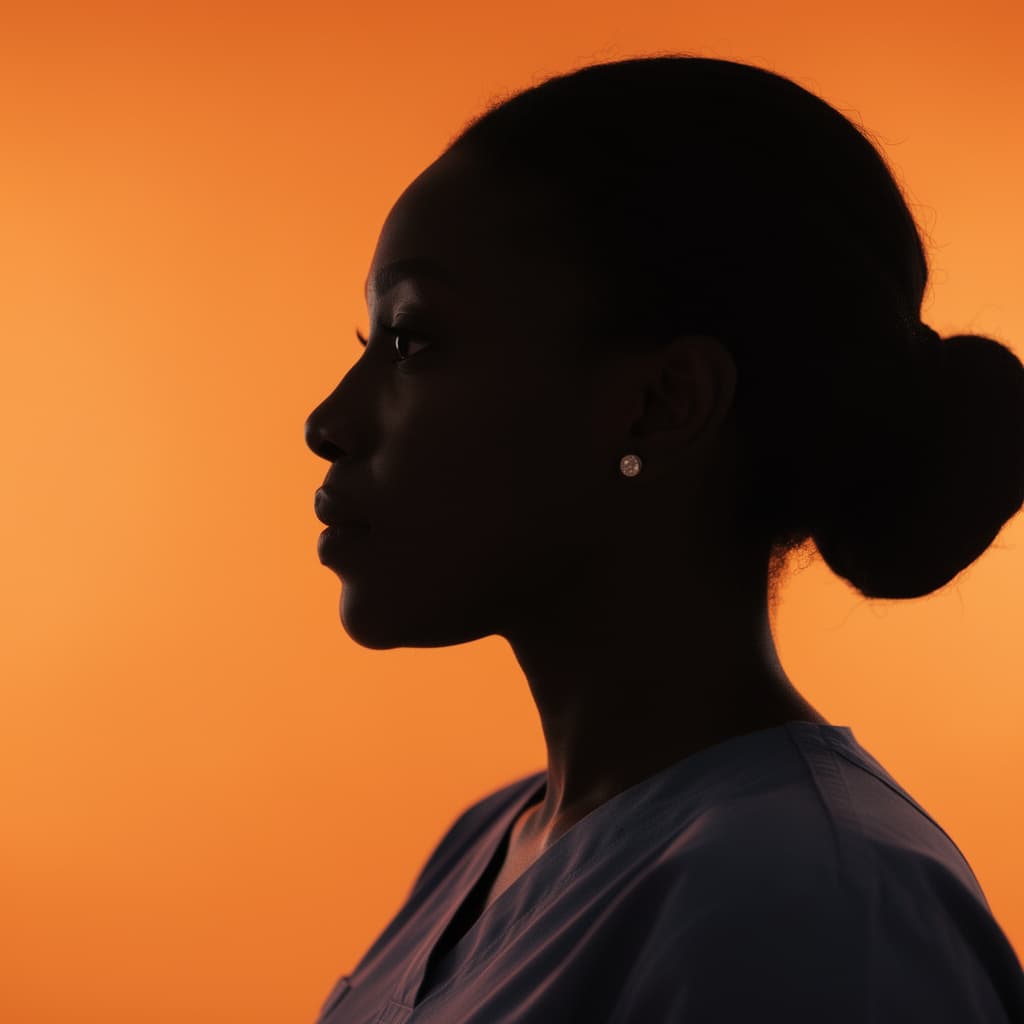 AI generated: photography, portrait of contrast, profile silhouette of a Nigerian female health worker, vibrant or...