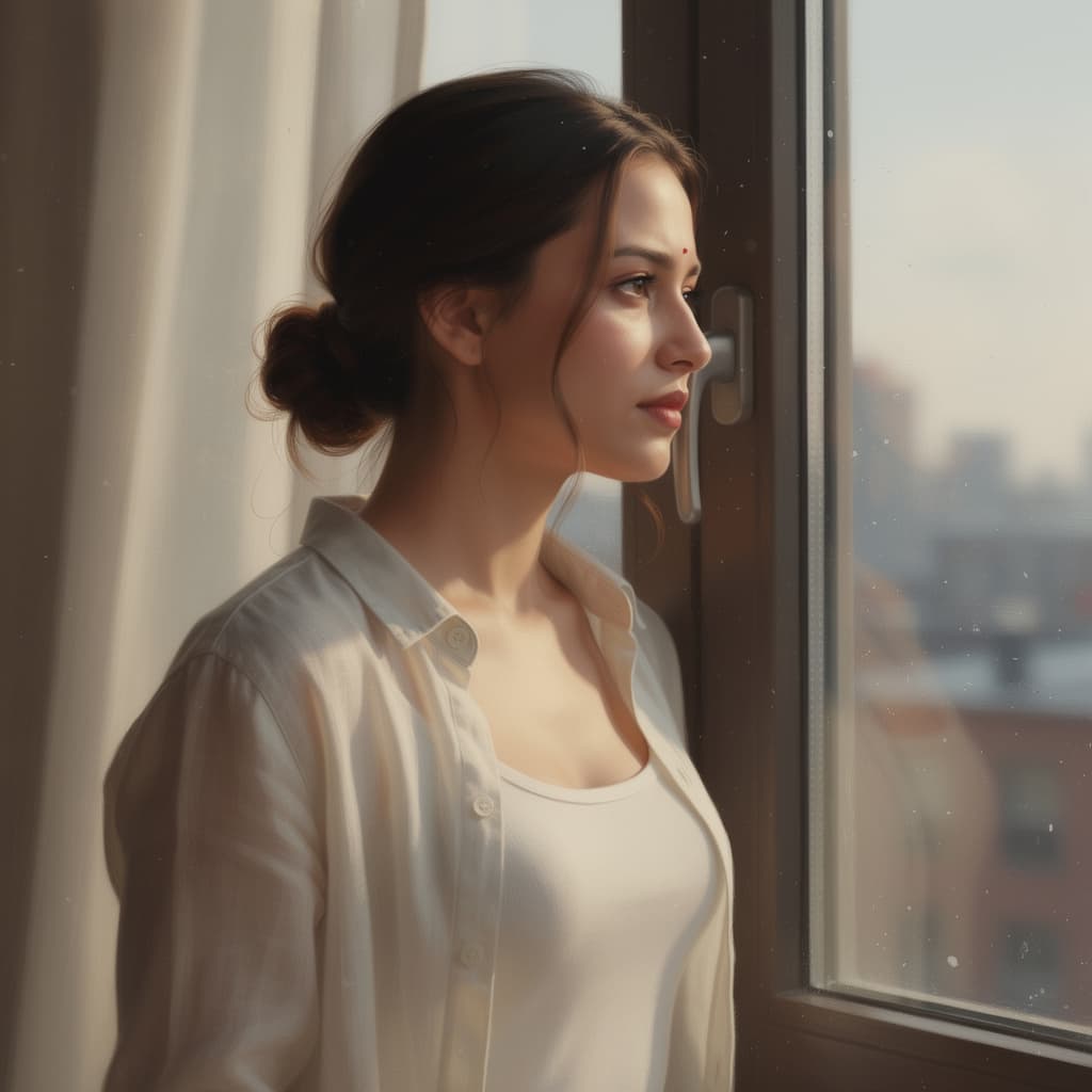 AI generated: A woman leans by a tall window as morning light pours over an athletic hourglass frame and relaxed p...