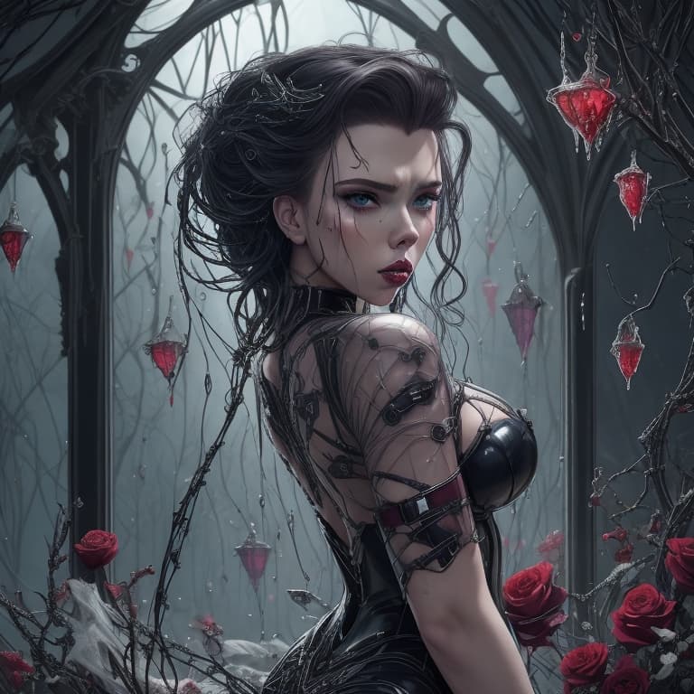 AI generated: Scarlett Johansson pin up as a cyborg, surreal masterpiece of a gothic snowwhite vampire, crying and...