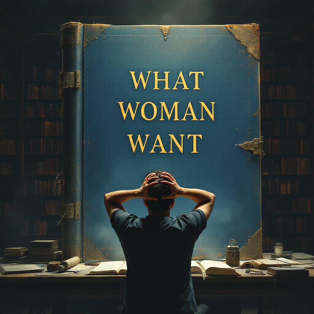 AI generated: A desperate man that desperately reads and holds his head. In front a gigantic book with the inscrip...