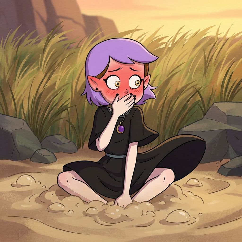 AI generated: Amity Blight getting her dress blown by the wind as she crosses her legs in the sinking sand while b...