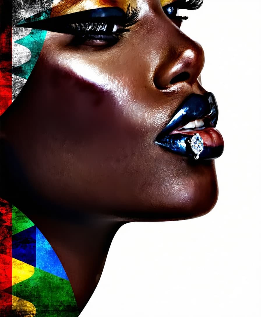 AI generated: afrocentric abstract wall art of a black woman with full glossy voluminous lips & a diamond medusa l...