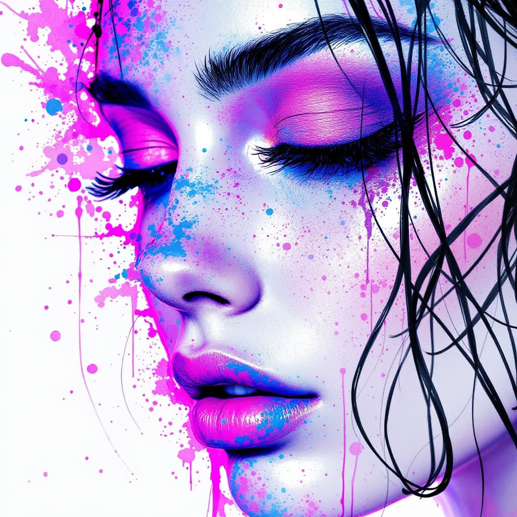 AI generated: a drawing of a woman's face with a pink eyeshadow, in the style of bold colorful drops and  allover ...