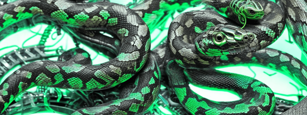 AI generated: The photo shows a snake with metal elements that give it a futuristic look. She is designed in a cyb...