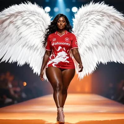 AI generated video: walking down the runway with angel wings animated 