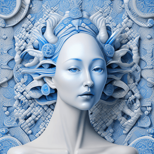 AI generated: a woman made out of porcelain, in the style of balanced symmetry, white and blue, detailed facial fe...
