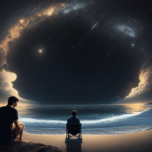 AI generated: a man sitting on beach, watching the sea, starry night, dark theme, a wingull holding side of the ma...