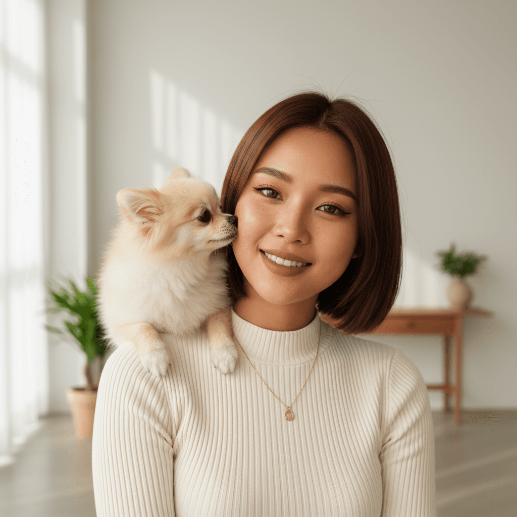 AI generated: A highly realistic 8K square (1:1) portrait of a young korean female influencer with short, straight...