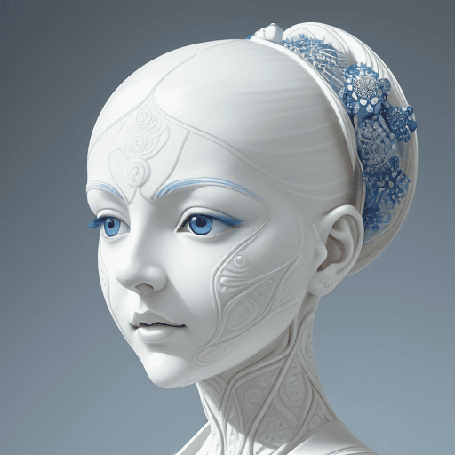 AI generated: a woman made out of porcelain, in the style of balanced symmetry, white and blue, detailed facial fe...