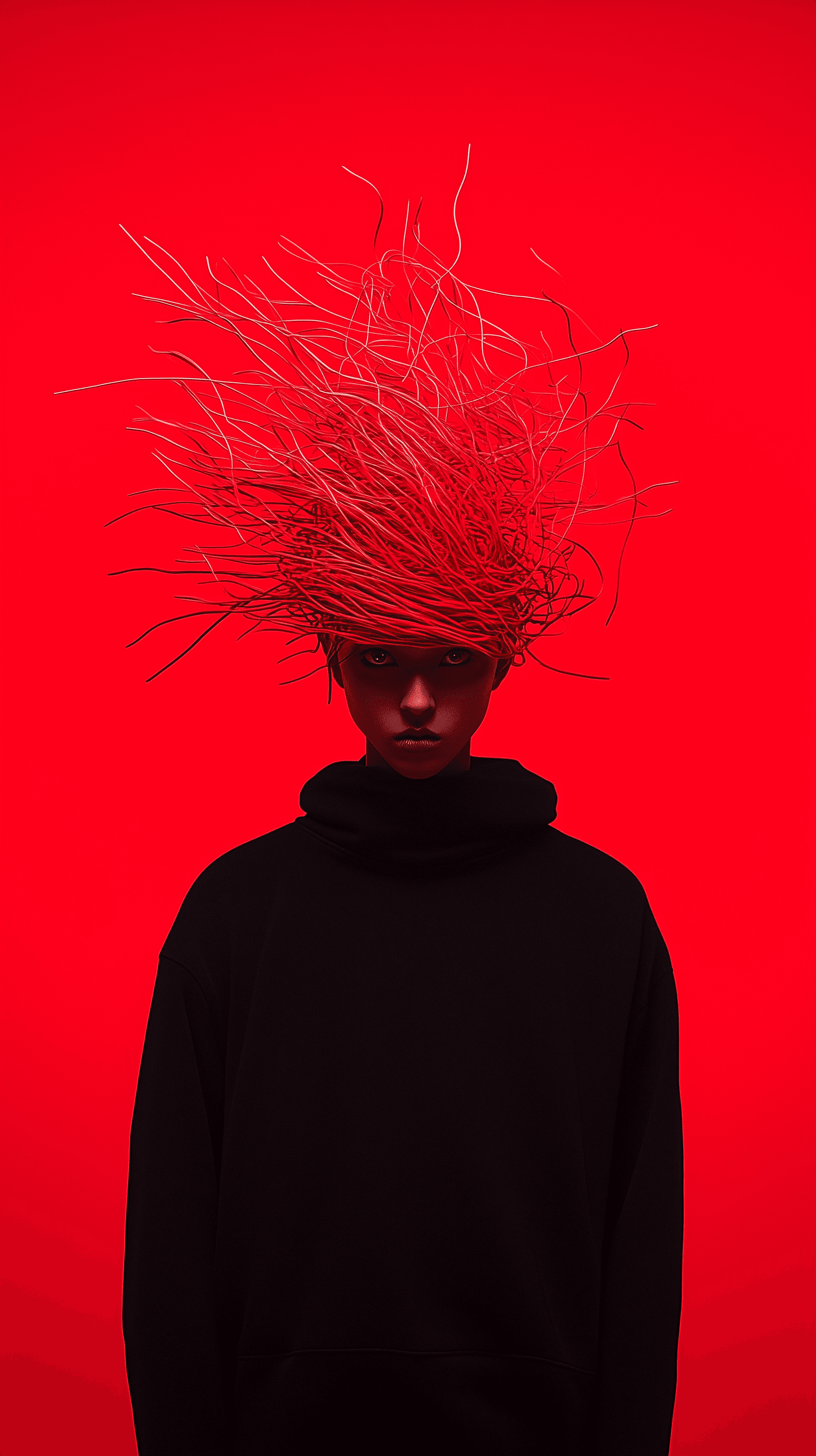 AI generated: high resolution shooting, front view, bloody red color, unknown gender figure, upper body, empty eye...