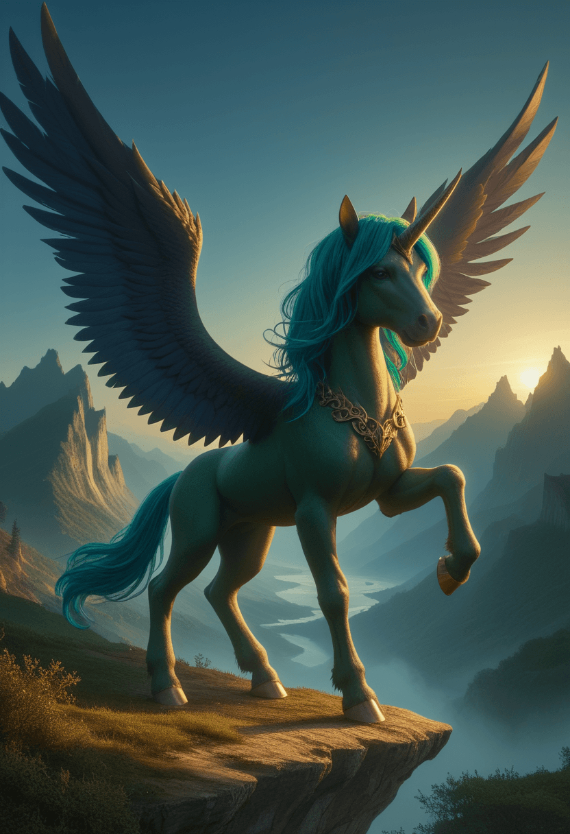 AI generated: Strong alicorn,dark blue hair with green mane and tail,dynamic colors,fantasy landscape setting,high...