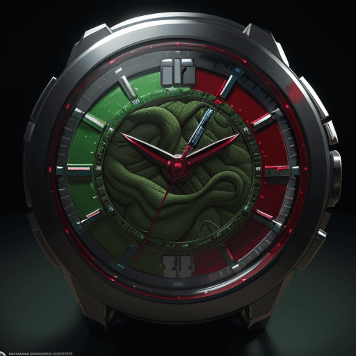 AI generated: time-travel watch with the design and character of Hulk. The watch is green and red, high gloss, hig...