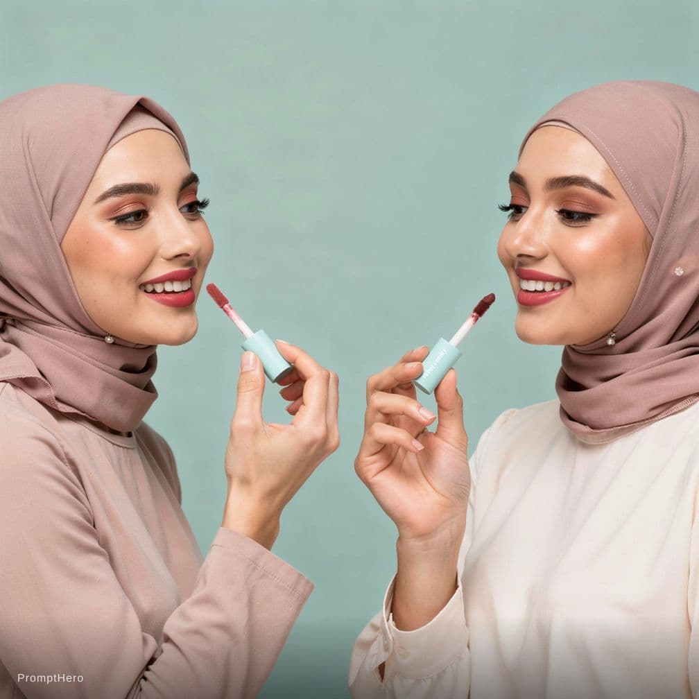 AI generated: make me a visual of 2 modern hijabi trying the VelvetVanity lip care products such as the ones in th...