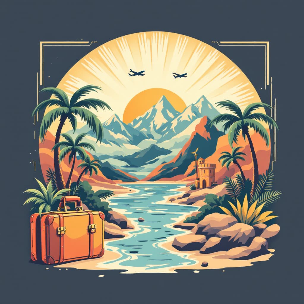 AI generated: A retro-style travel banner illustration for a travel company. Features a vintage color palette (mut...