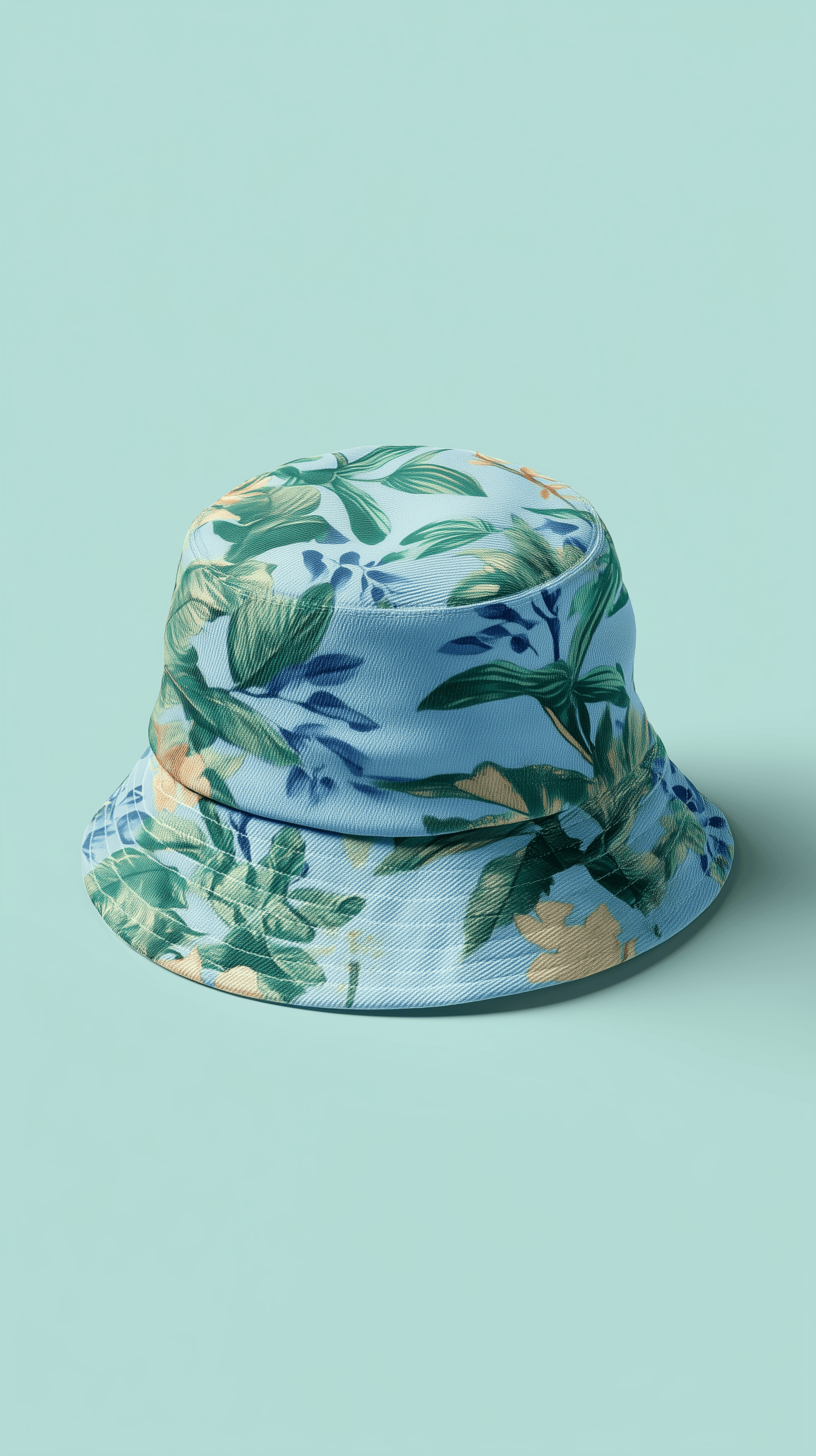 AI generated: high resolution mock-up, front view, bucket hat, even light, natural fabric, seamless mapped botanic...