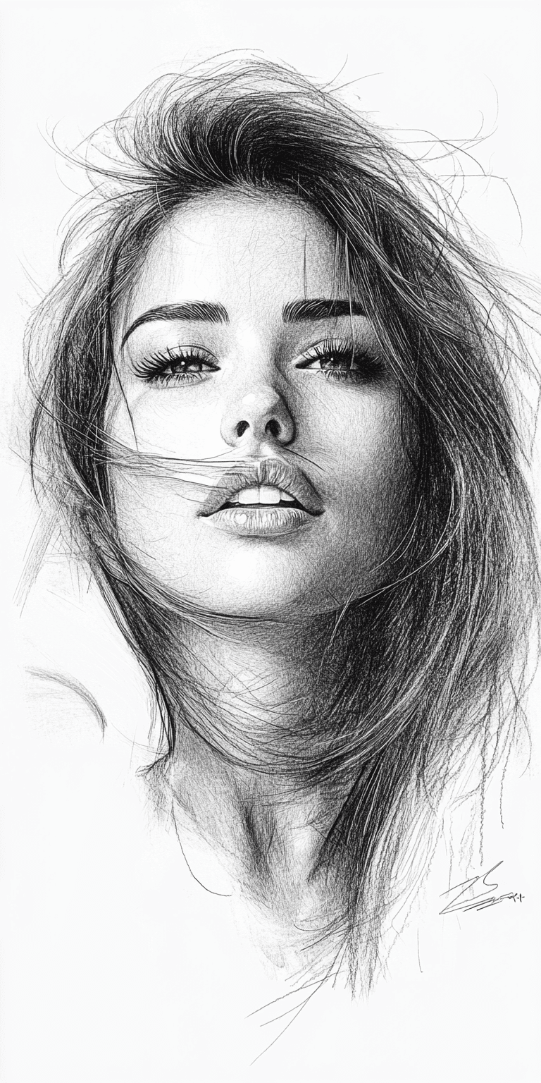 AI generated: lithograph of a beautiful woman, side view, slight smile, white background, dramatic lighting, sketc...