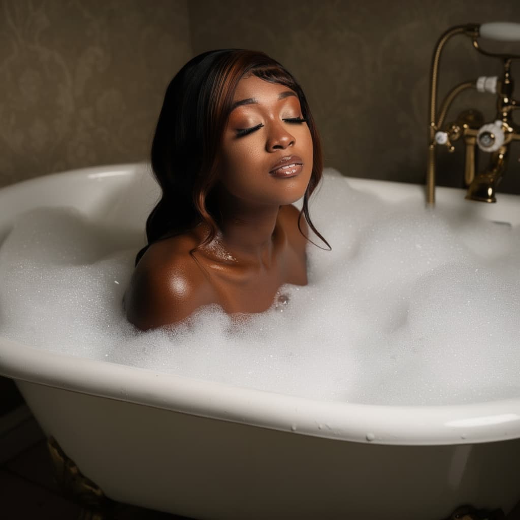 AI generated: subject in a vintage-style scene in a freestanding bathtub sitting up eyes closed face slightly tilt...