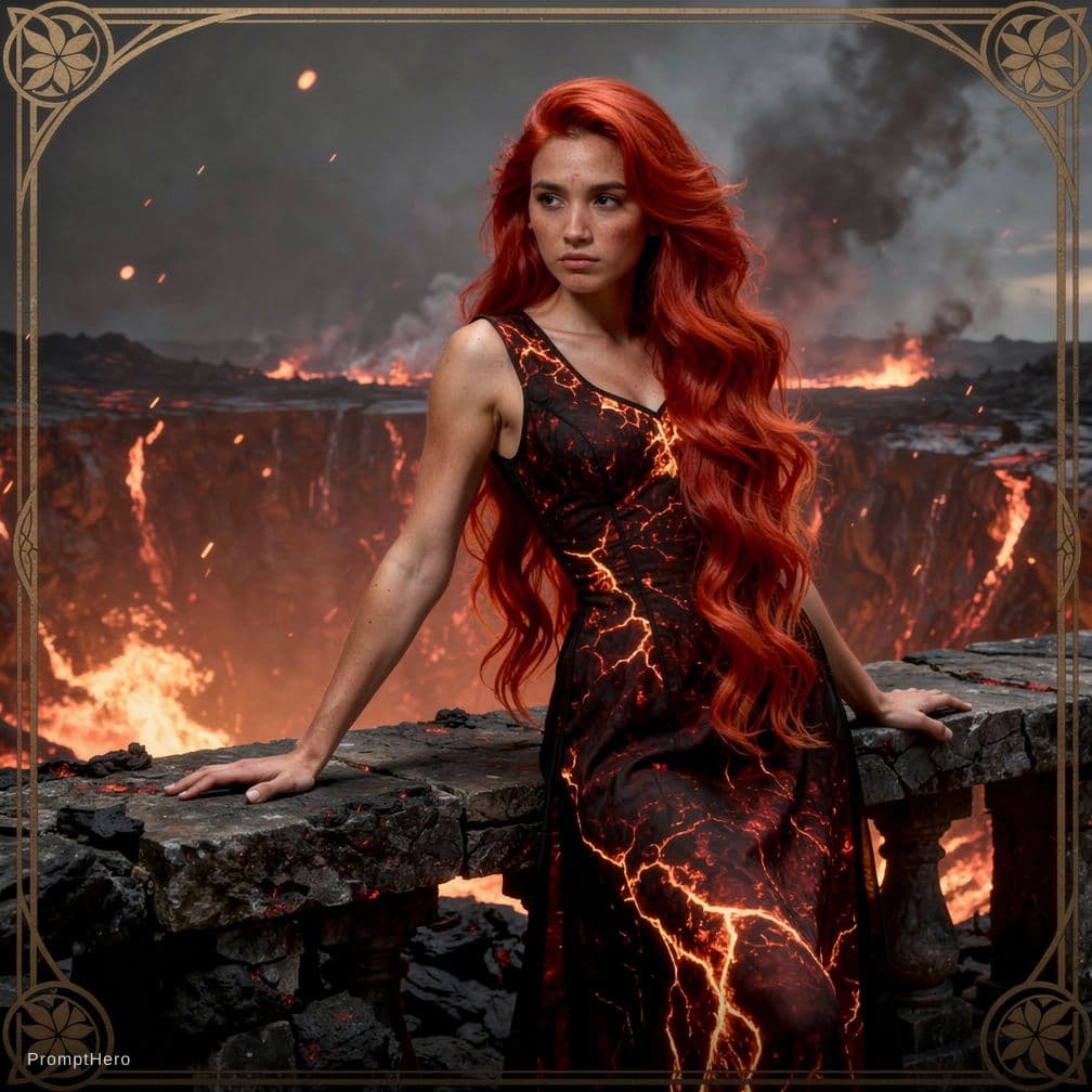 AI generated: A curvy young female with long, wavy flame-red hair cascading over her shoulders leans over a volcan...