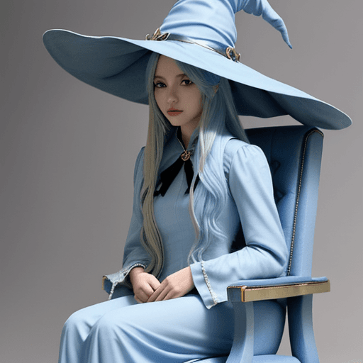 AI generated: female, witch, big hat, long hair, light blue hair, sitting on throne, gorgeous. 