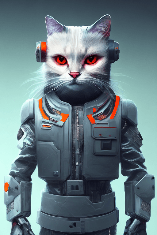 AI generated: MINI cute hyperrealistic futuristic soldier cat wearing cyberpunk jacket. orange skin. Cinematic, hy...