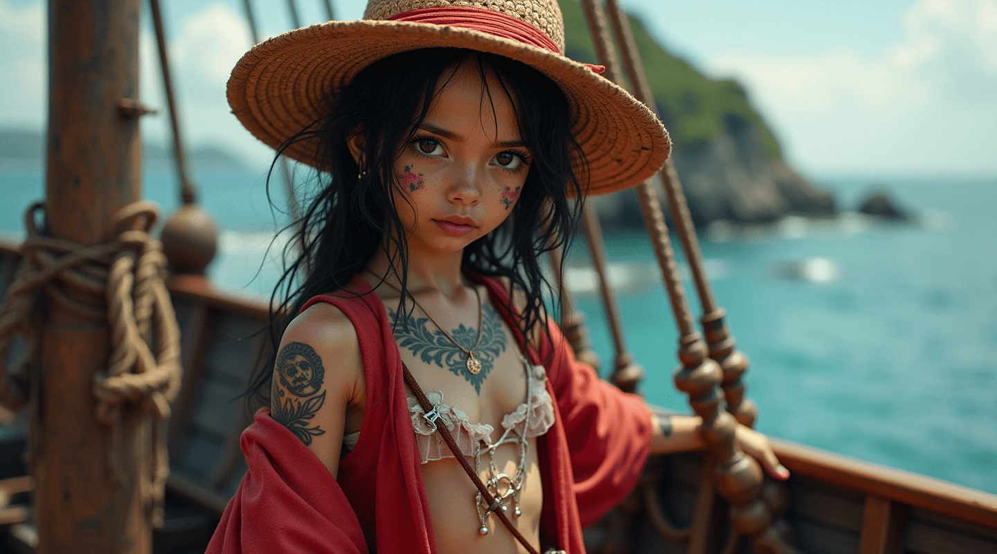 AI generated: Full body view of a cute girl cosplaying Monkey D Luffy, pirates of the Caribbean vibes, up on the d...