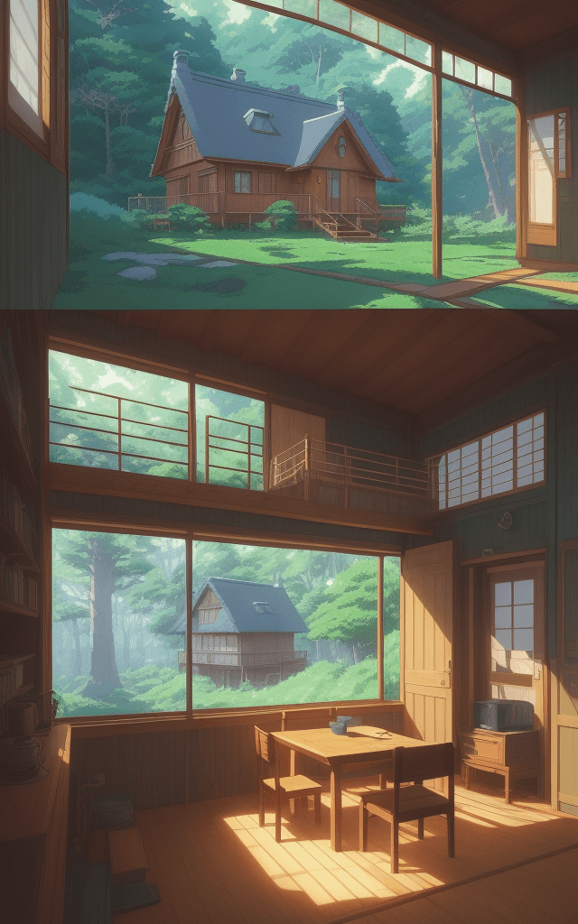 AI generated: anime illustration small house with simple furnitures in the morning with background forest, ghibli ...
