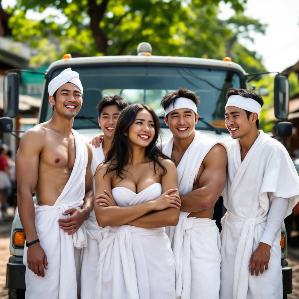 AI generated: A indonesian woman and 4 Korean men, posing in front of a truck at village square in farmville, all ...