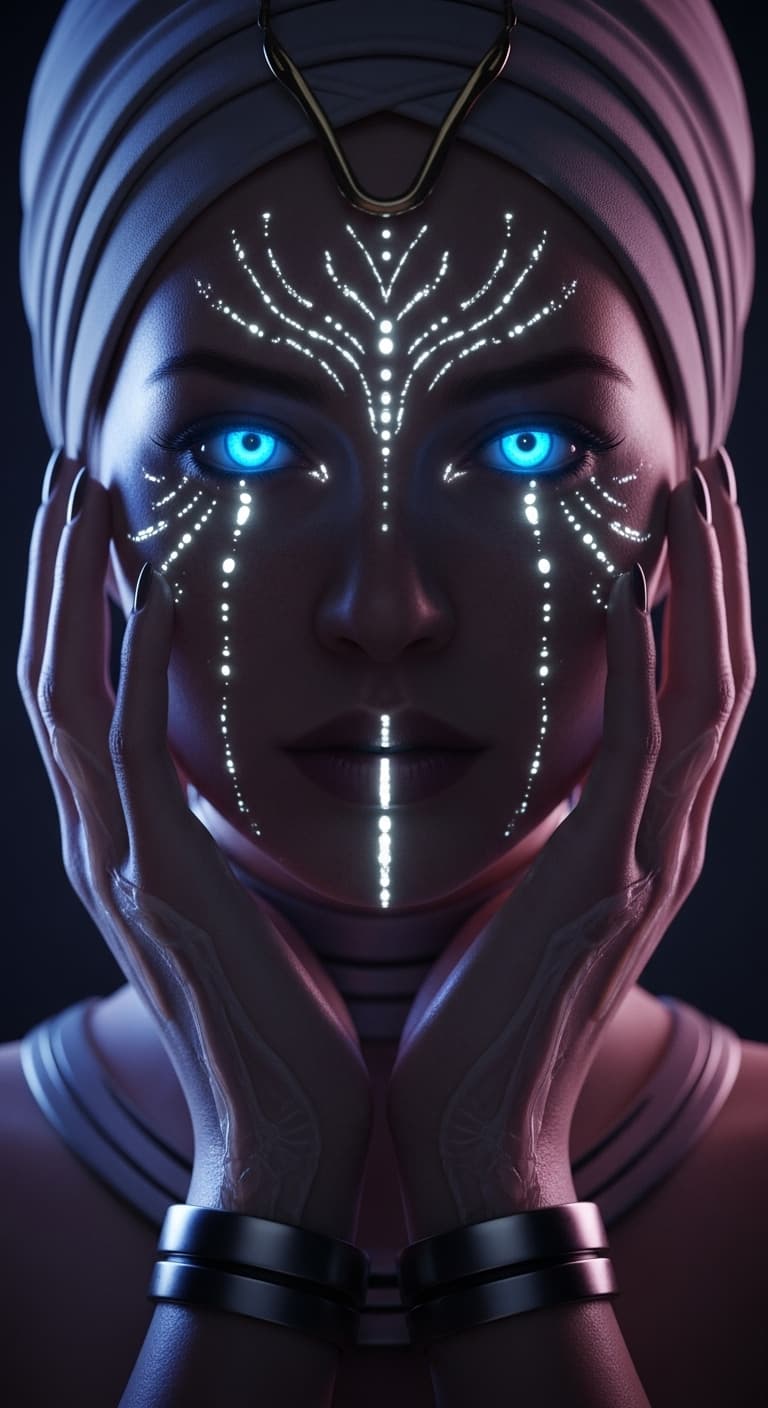 AI generated: A surreal futuristic portrait of a celestial woman, centered composition, intense blue glowing eyes ...