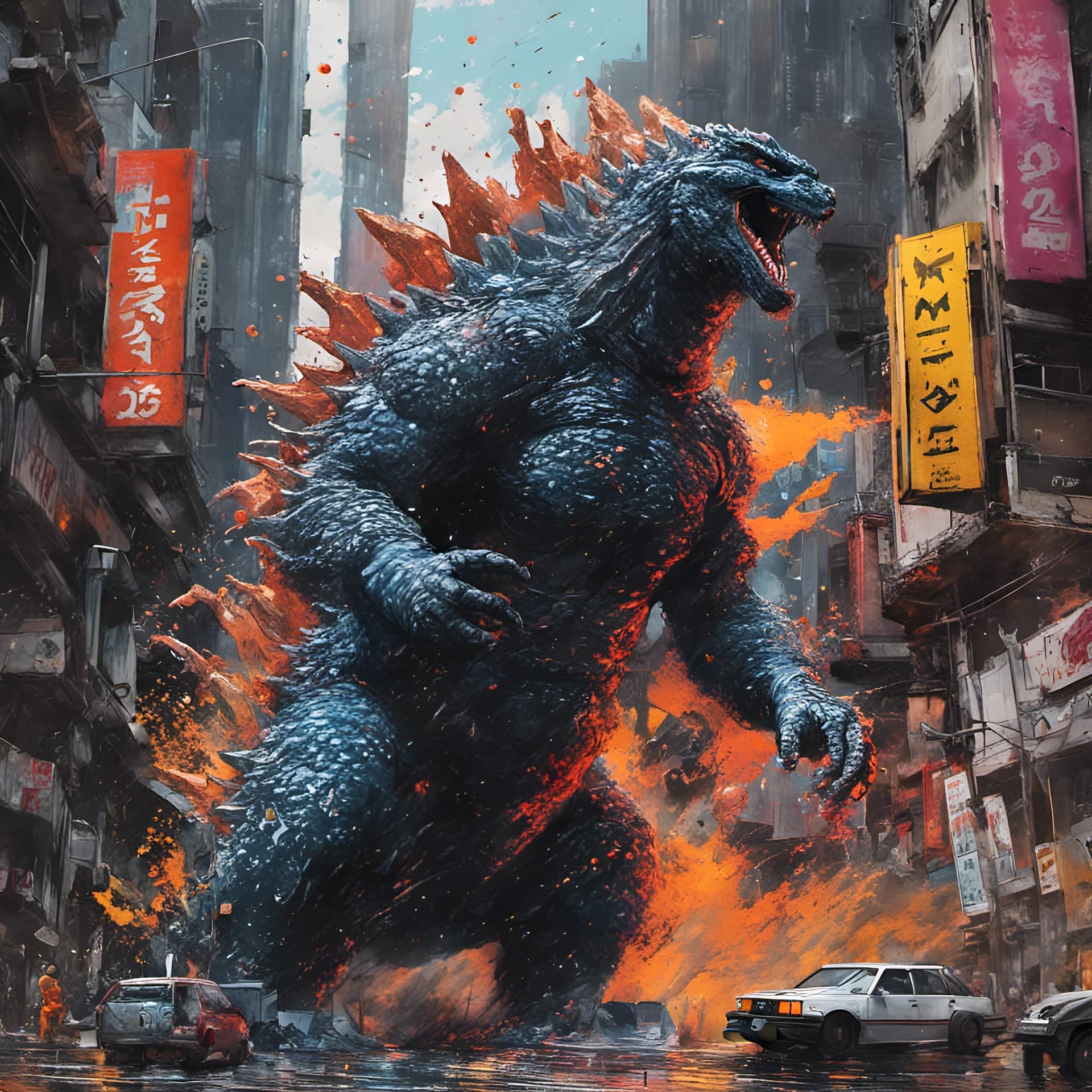 AI generated: Godzilla, Destroying Tokyo, graffiti art, splash art, street art, spray paint, oil gouache melting, ...