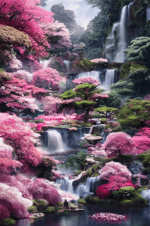 AI generated: long range view, Beautiful Japanese flower garden, waterfalls, pink and white, by Akihito Yoshida, I...