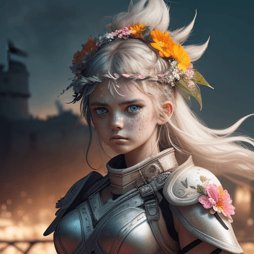 AI generated: warrior girl with a wreath of neon, flowers on her head, white armor, a stern look, developing hair ...