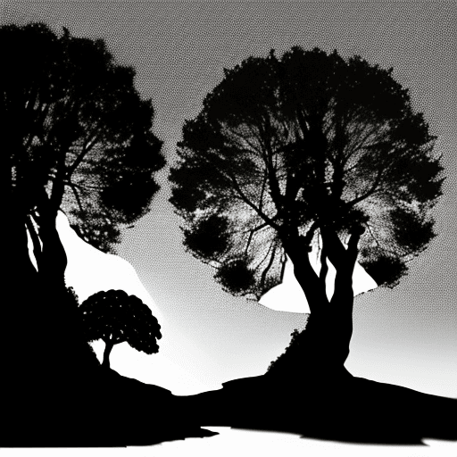 AI generated: Two round hills, with the stump of a sycamore tree in the valley between them.  Silhouette style.