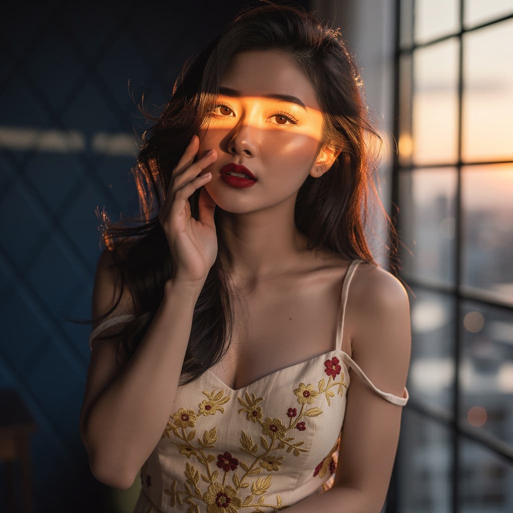 AI generated: A cinematic photorealistic boudoir portrait of a beautiful Asian woman kneeling on a bed. She is wea...
