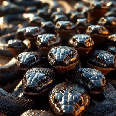 AI generated video: All the snakes in desert moving in same forward direction, camera zoom out showing the cinematic sna...