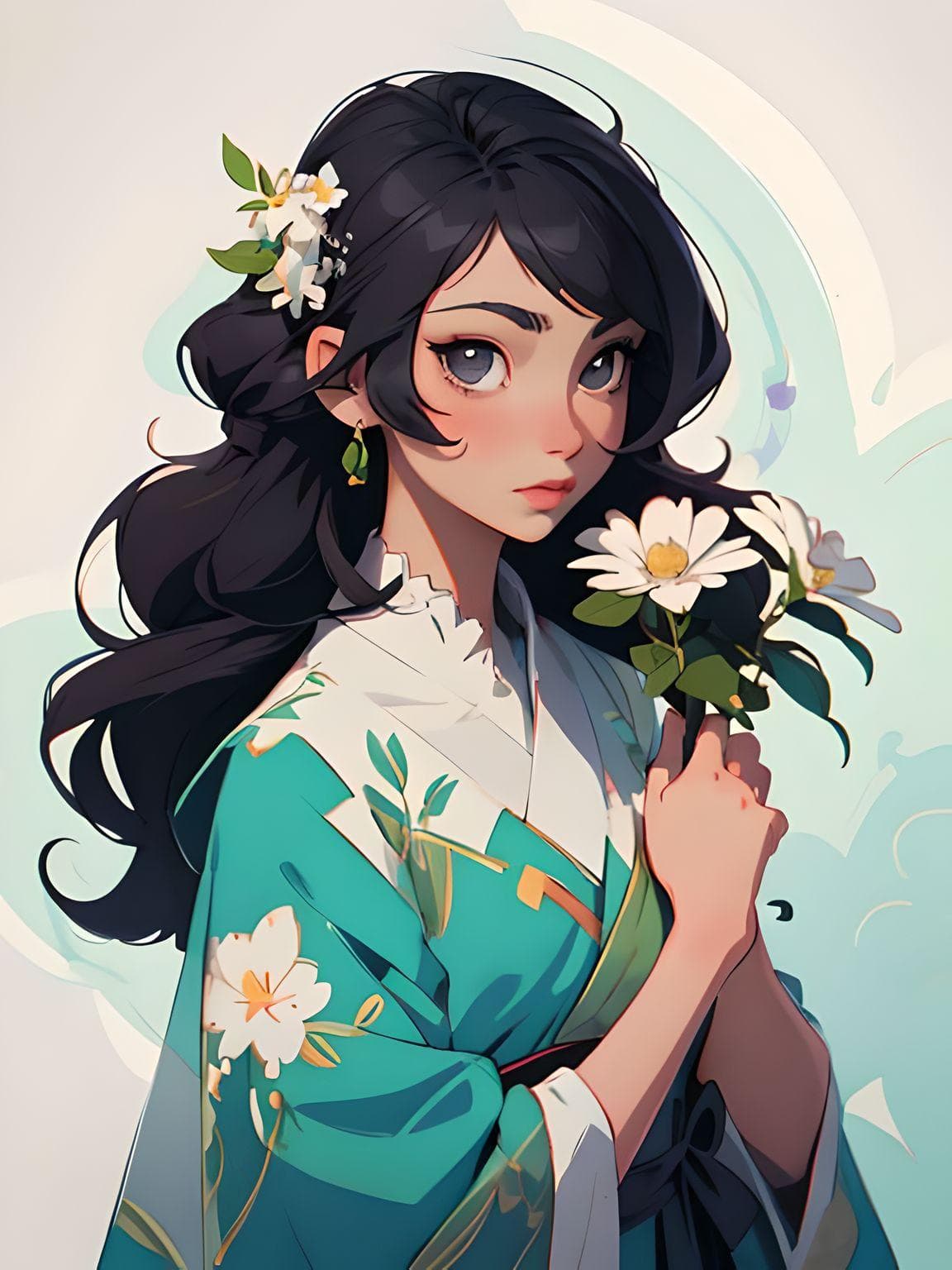 AI generated: a drawing of a woman with a flower in her hand, an anime drawing, pixiv, art nouveau, black hair and...