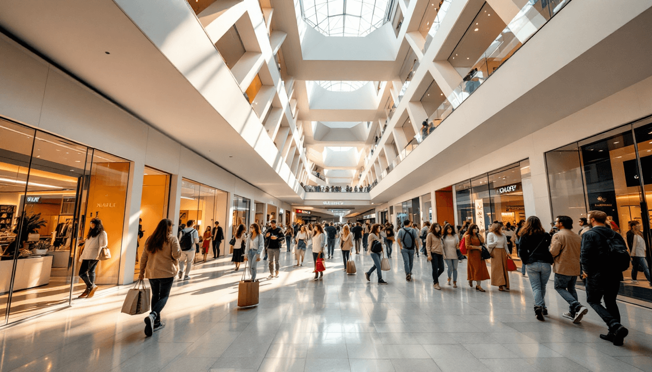 AI generated: A crowded shopping mall with sharp geometric lines anchors the scene. Captured from an ultra-low ang...