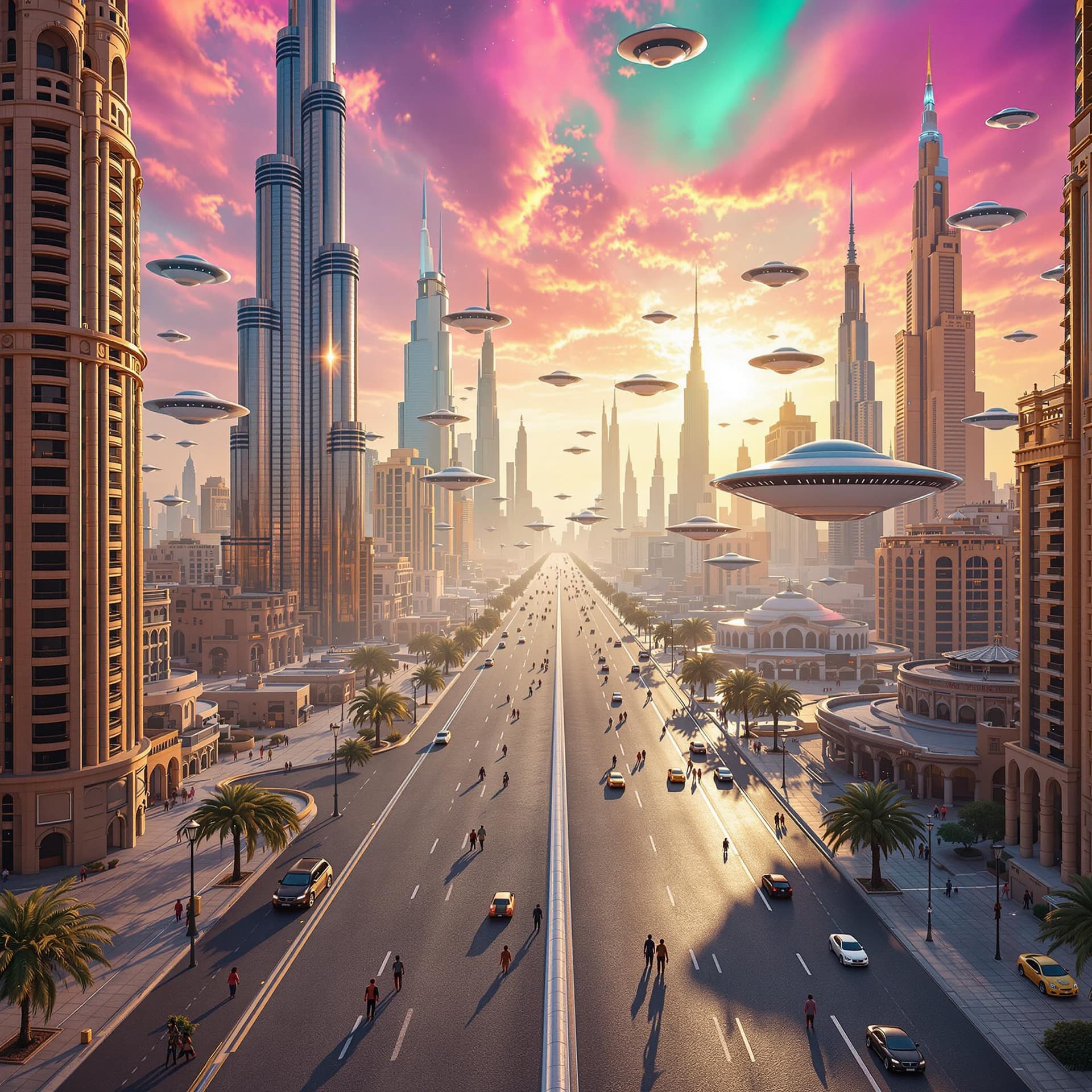 AI generated:  Psychedelic, surreal, High resolution photography, Dubai, 2004 years from now. flying saucers, Road...