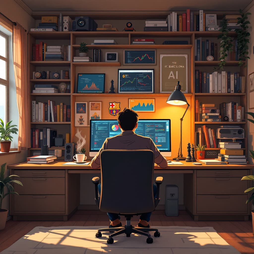 AI generated: "A man sitting at his desk, working on his computer in a warm, cozy room filled with books, gadgets,...