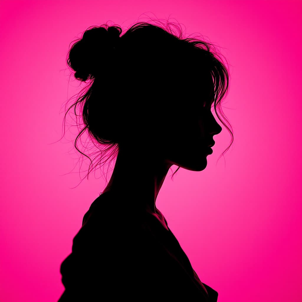AI generated: photography, portrait of contrast, profile silhouette of a woman, vibrant hot pink backdrop, visuali...
