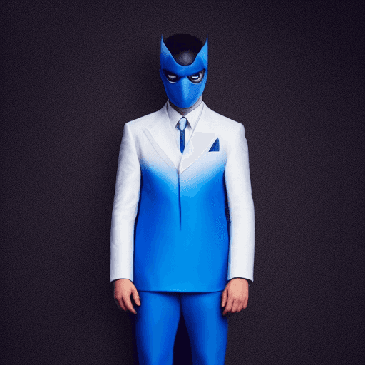 AI generated: superhero named "Ubicuo" blue suit with a white letter U on the chest, arms crossed, handsome, perfe...
