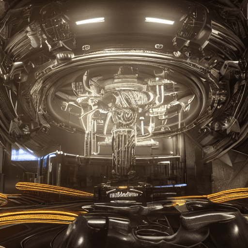 AI generated: complex portrait of a cyberpunk round computer, over a table, leds, black plastic, symmetrical, frac...