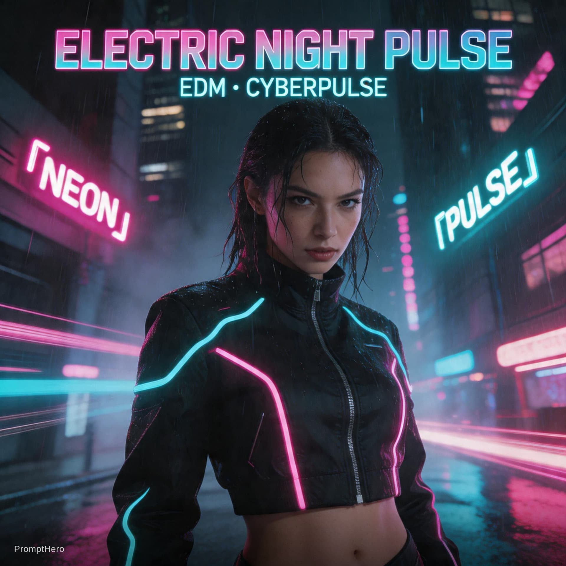 AI generated: {
  "meta": {
    "aesthetic_goal": "High CTR Cyberpunk EDM Music Cover / Electric Night Pulse",
   ...