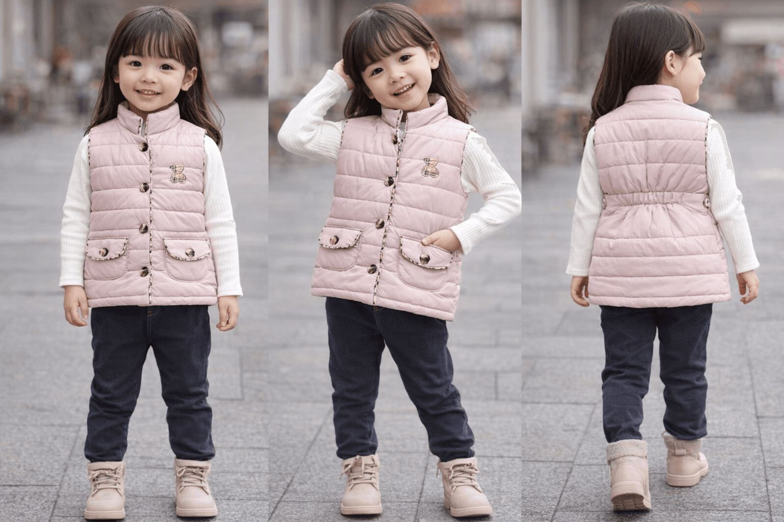 AI generated: A complete image of a girls of 6 years wearing this clothes with different poses
