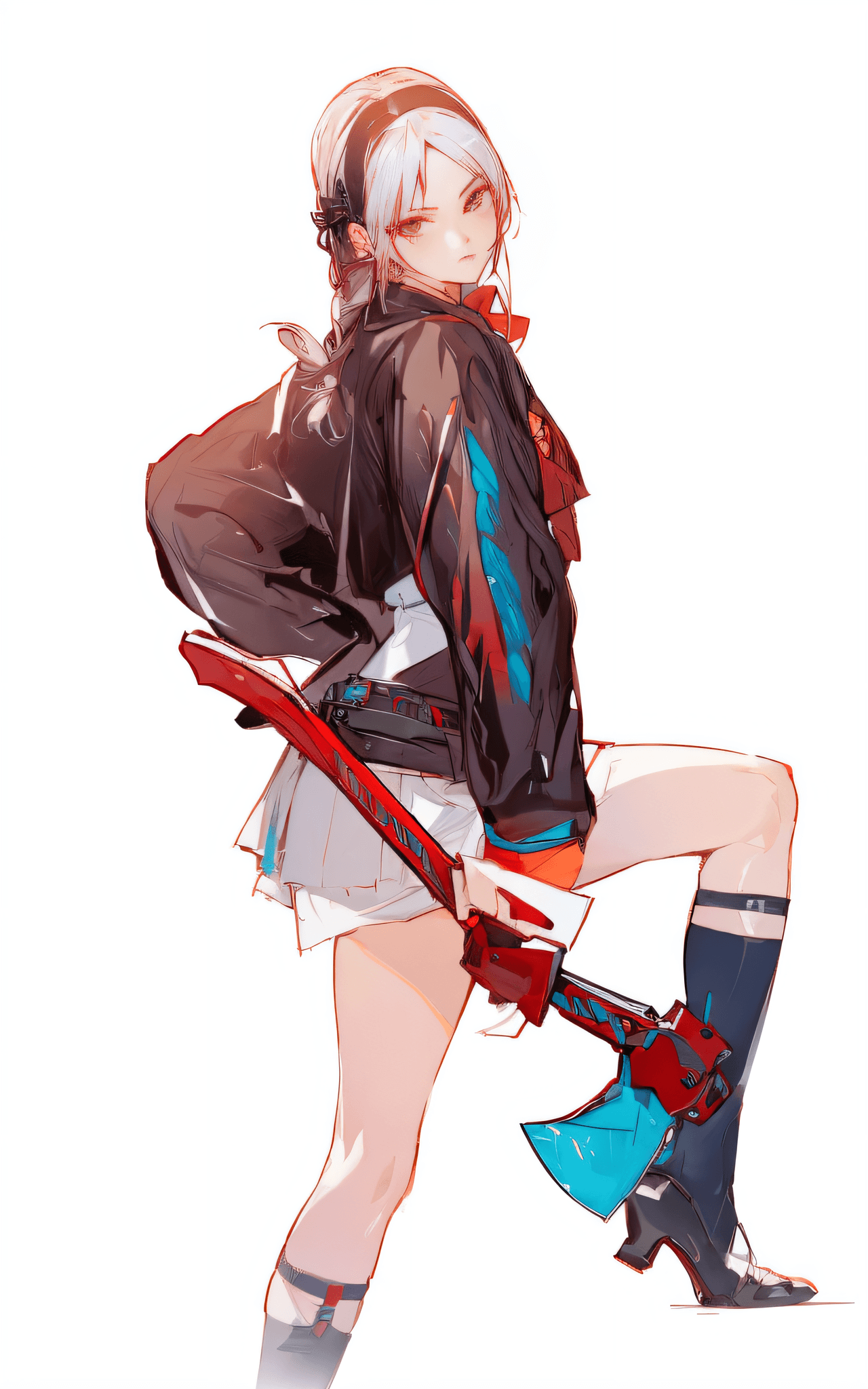 AI generated: anime girl with a large ax standing in front of a white background, artwork in the style of guweiz, ...