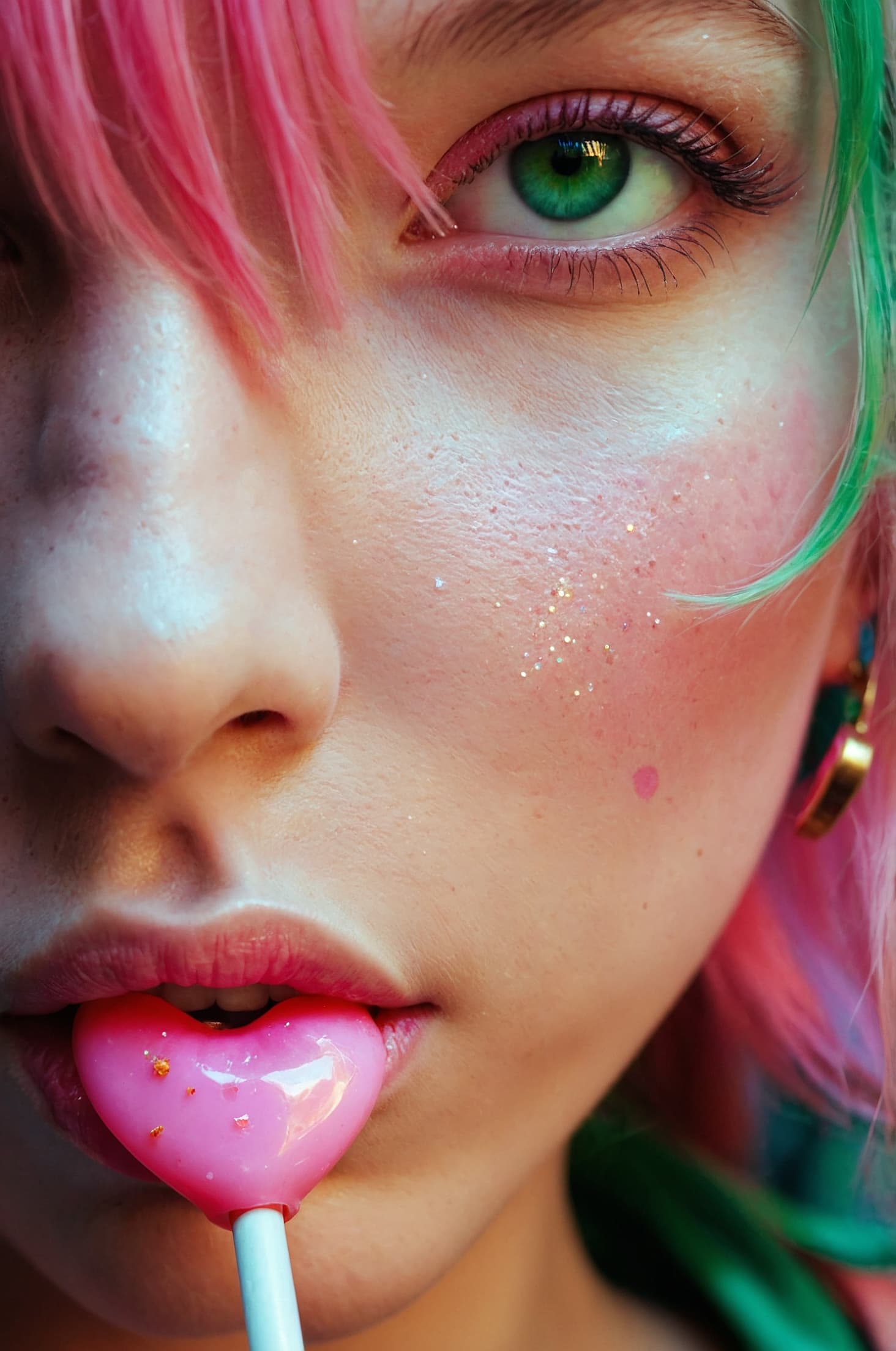 AI generated: A close-up of a female character with vibrant pink hair, a striking green eye, and rosy cheeks. She ...