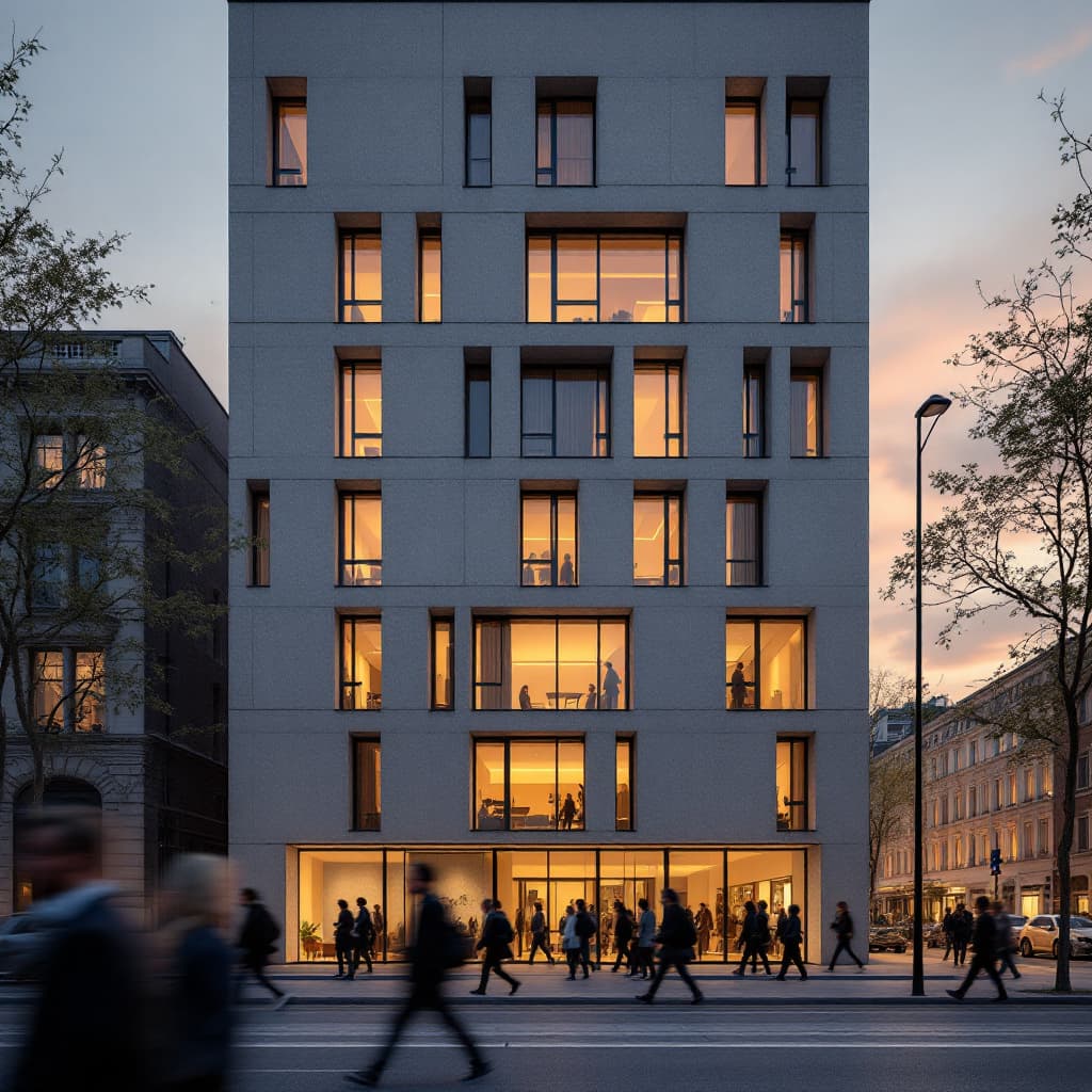 AI generated: photography, eye-level, front view, a contemporary urban building facade during twilight with pedest...