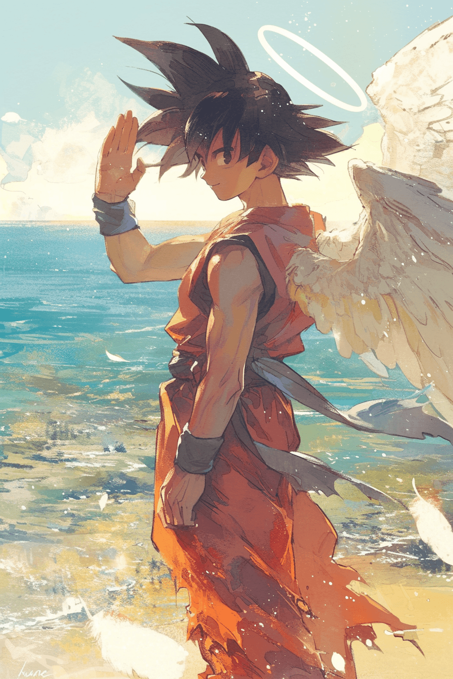 AI generated: Toriyama Akira's comic IP Goku, with white angel wings behind him and an angel ring on his head, wav...