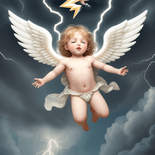 AI generated: cherubic angel falling from the sky with lightning being struck in the chest
