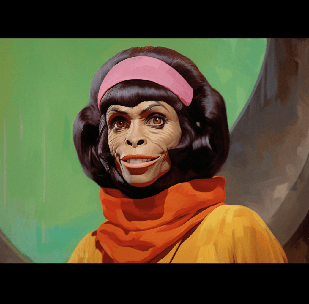 AI generated:  Oil painting of zira from the planet of the apes, smiling, wearing a colorful turban, with large or...